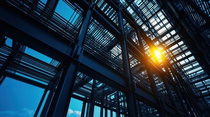 Intricate steel structure illuminated by sunlight, showcasing modern architecture and industrial design against a blue sky.