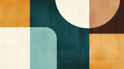 A mid-century modern design with abstract shapes and a retro color palette of mustard, teal, and brown