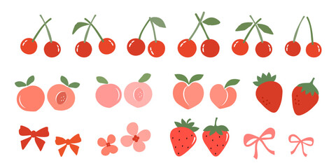 Set of cherry, peach, strawberry, ribbon bow and cute flower icon sign isolated on white background vector. 
