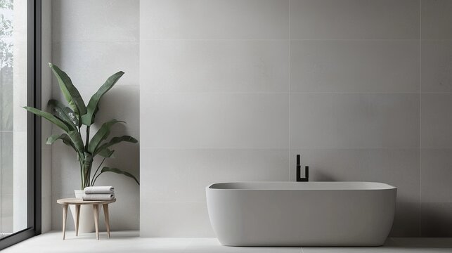 A minimalist bathroom with a tile wall made of large, matte tiles in a neutral grey, creating a clean, modern look