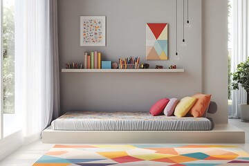 Modern Minimalist Kids Bedroom with White Platform Bed, Colorful Rug, and Geometric Wall Art