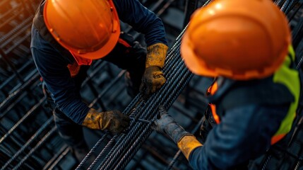 Two construction workers wearing helmets collaborate on a building site, showcasing teamwork and safety in construction.