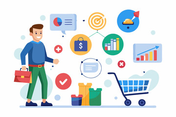 Customer journey, process or milestone for customer to experience until purchase product, marketing strategy analysis, advertising concept, man with trolley shopping cart on customer journey map
