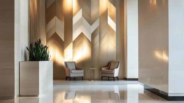 A modern hotel lobby with a feature wall of metallic tiles arranged in a chevron pattern, adding depth and visual interest