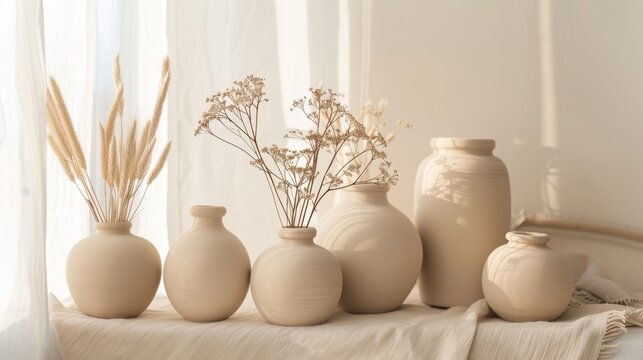 A collection of beige pottery vases with dried flowers against a soft, sunlit backdrop creates a serene, aesthetically pleasing composition.