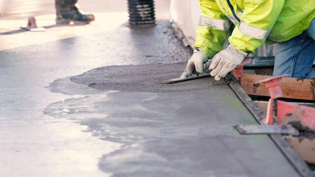 Construction worker smoothing out concrete pad