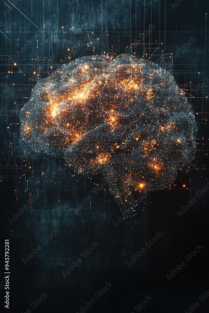 Poster abstract digital brain illustration with glowing lines and grid background - artificial intelligence