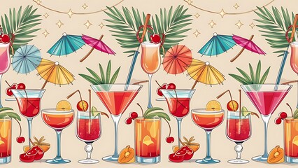 Cocktail seamless border with drinks in glasses and decoration vector illustration