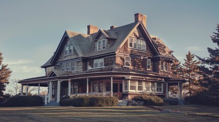 A charming, vintage house with dark wooden siding and a spacious porch, set against a serene, late afternoon sky.