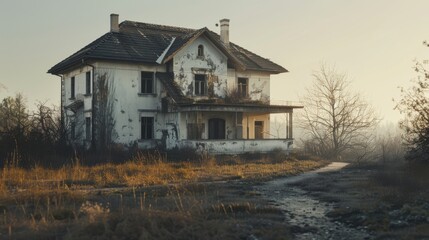 An abandoned, weathered house stands alone on a foggy, desolate landscape, evoking a sense of mystery and haunting beauty.