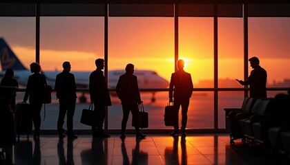 Silhouetted passengers wait by an airport window as a sunset-lit airliner prepares for departure.







