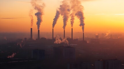 Obraz premium Aerial View of Industrial Smokestacks and Polluted Cityscape at Sunset Depicting Carbon Trading Sustainability Initiatives