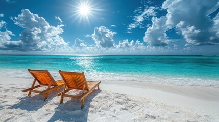 Tropical Beach with Wooden Lounge Chairs and Turquoise Water Under a Bright Sunny Sky