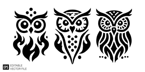 Fototapeta premium set of owl tribal tattoo graphic design vector clip art black and white silhouette templates