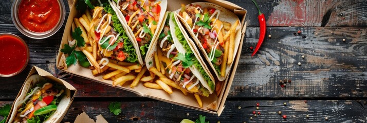 A delicious and visually appealing image featuring three gourmet tacos filled with fresh ingredients, served with crispy french fries and a side of salsa. The tacos are nestled in a paper tray, ready 