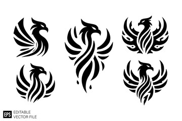 Obraz premium set of phoenix tribal tattoo graphic design vector clip art black and white silhouette templates