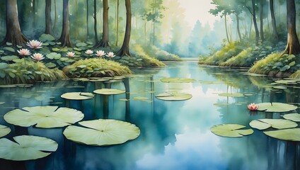 Aquarell Landschaft - Waldsee mit Seerosenbl&auml;ttern