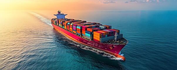 Cargo Ship in Open Sea - Vibrant Shipping Containers on Vessel under Bright Sunrise