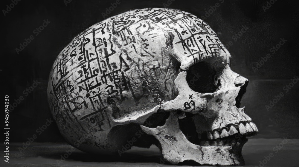 Wall mural Human Skull with Black Scribbles on a Black Background