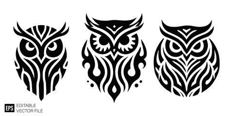 Obraz premium set of owl tribal tattoo graphic design vector clip art black and white silhouette templates