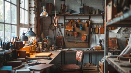 An artisan workshop filled with tools and leatherwork projects bathed in warm sunlight, reflecting a space of creativity and craftsmanship.