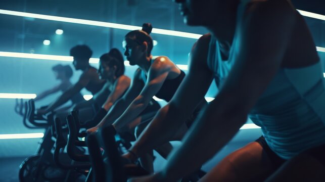 Close-up of cyclists in a dynamic spin class, captured in vibrant neon lighting as they pedal in sync, showing focus and determination.