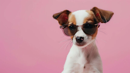 Cute puppy wearing sunglasses on a pink background.