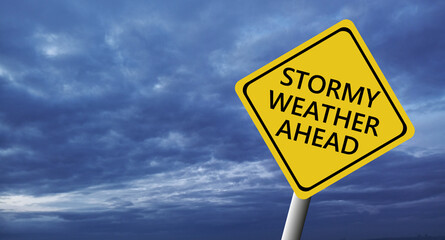 Stormy Weather Ahead SignBoard, Hurricane indication. Graphic banner of hurricane warning. Icon,...