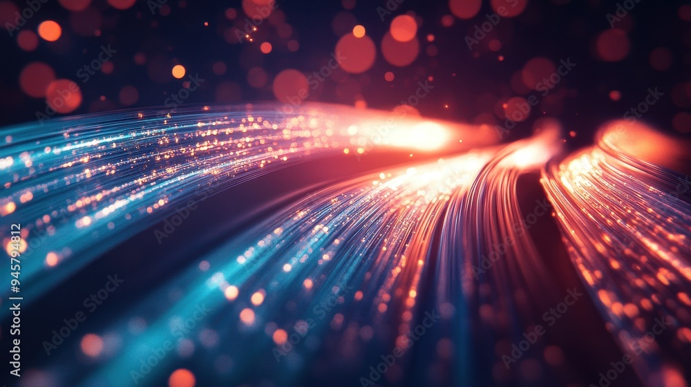 Poster abstract background of shiny, wavy lines with bokeh lights