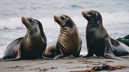 Naklejka premium Three sea lions sit attentively on a sandy beach, gazing towards the ocean with the waves crashing behind them.