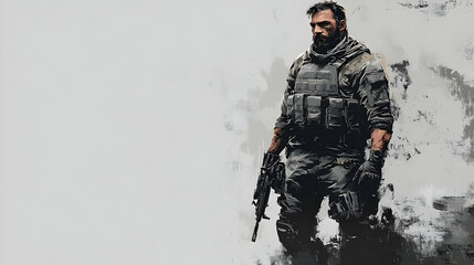 Fototapeta premium The Soldier Stands Ready for Action with a Rifle in Hand, Prepared for Battle in a Gritty, Realistic Setting.