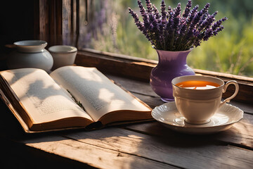 Reading by the window on a sunny day while having a cup of tea
