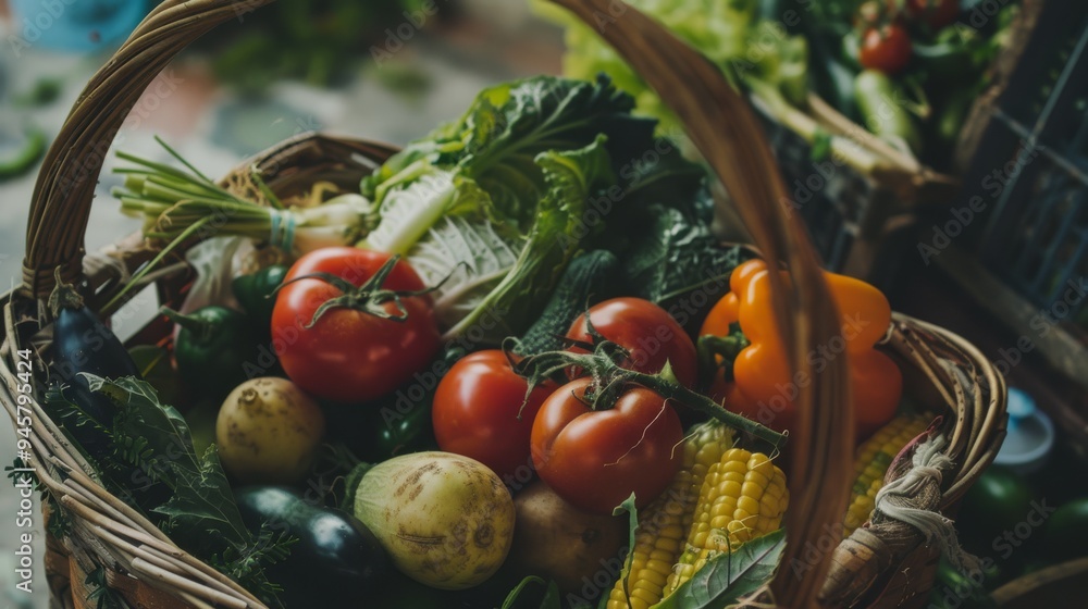 Wall mural A basket brimming with farm-fresh vegetables, showcasing the vibrant colors and freshness of the harvest.