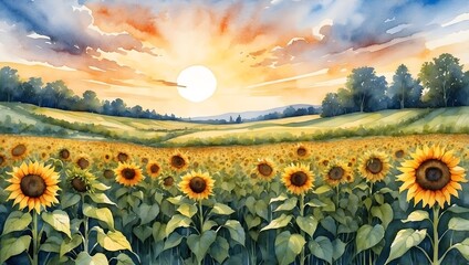 Aquarell Landschaft - Sonnenblumenfeld bei Sonnenuntergang