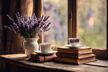 Reading and writing desk with a pretty diary, a bouquet of lavender flowers and some cups of coffee