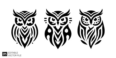 Fototapeta premium set of owl tribal tattoo graphic design vector clip art black and white silhouette templates