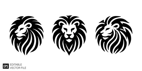 Fototapeta premium set of lion head graphic design vector clip art black and white silhouette templates