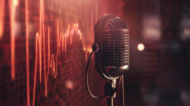 A classic microphone bathed in warm light, standing ready for a speech or performance, embodying nostalgia and anticipation.