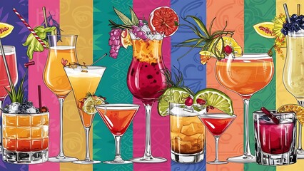 Cocktail seamless border with drinks in glasses and decoration vector illustration