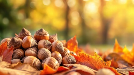 Acorns and oak leaves on autumn forest background with copy space