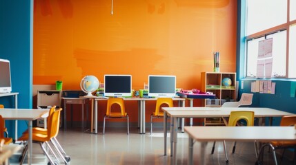 A brightly lit, colorful classroom with neatly arranged desks and chairs, featuring computers and educational tools, creating an inviting learning environment.