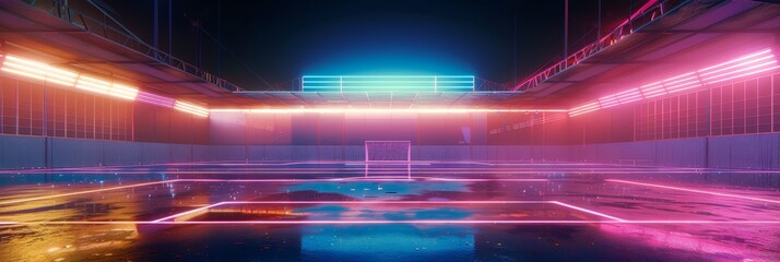 A futuristic, neon-lit arena with a retro 80s synthwave aesthetic. The image evokes a sense of speed, energy, and competition. It symbolizes the future of gaming, sports, and entertainment.
