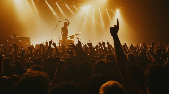 A dynamic concert scene with silhouetted fans cheering under dramatic lighting, capturing the energy and excitement of live music.