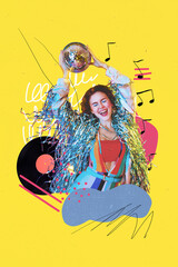 Vertical photo collage of happy girl dance retro party hold disco ball tinsel celebration vinyl disk music isolated on painted background