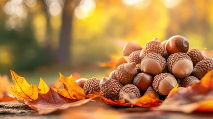 Fototapeta premium Acorns and oak leaves on autumn forest background with copy space