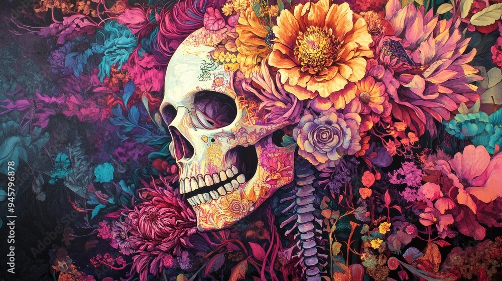 Sticker A Human Skull Adorned with Colorful Flowers and a Spine