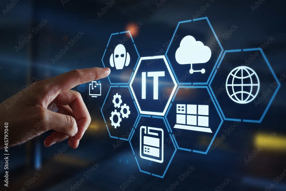 Poster it solutions at your fingertips: a hand interacts with a holographic interface showcasing it service