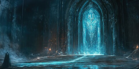 Glowing blue portal in a dark cavern.