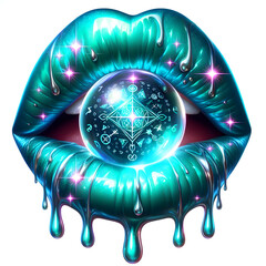 Mystical Lips with Dripping Runes and Crystal Orb
