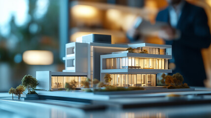 A Businessman with futuristic 3d render model of a city houses project on a table in a real estate agency business office